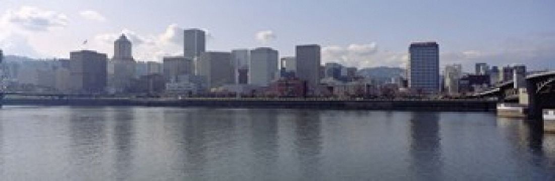 Skyscrapers along the river Portland Oregon USA Canvas Art - Panoramic Images (18 x 6)