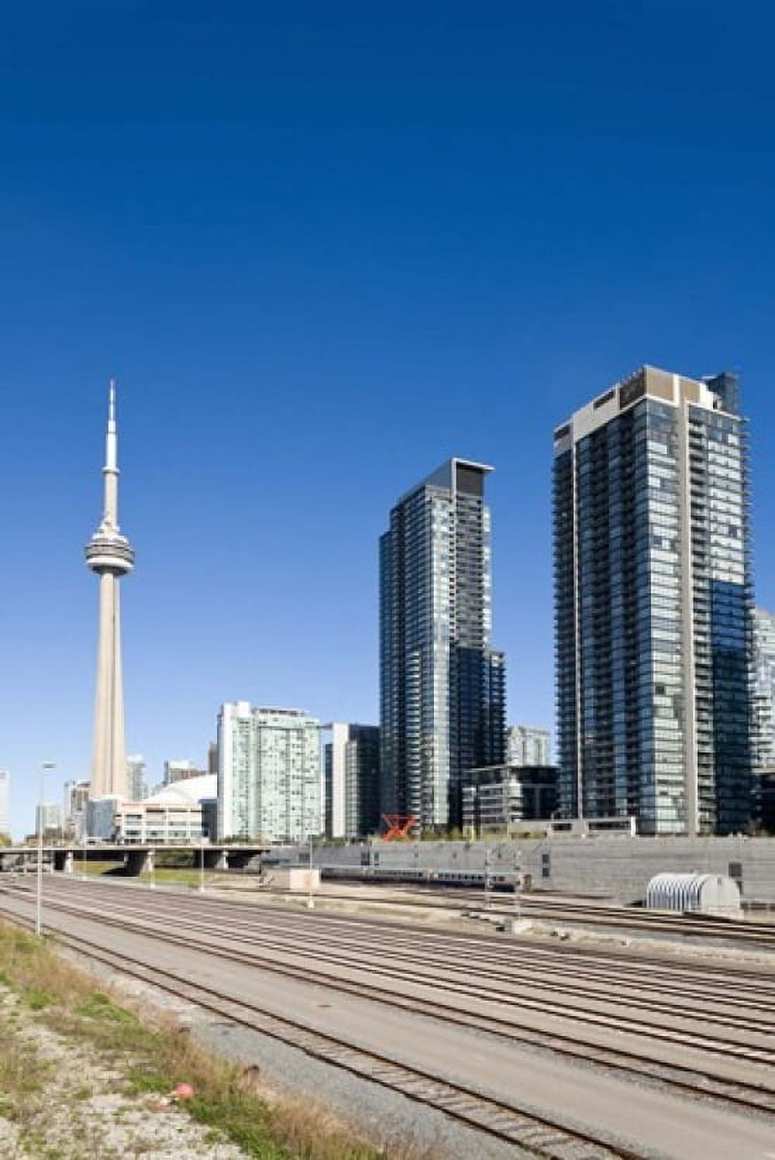 Skyscrapers and railway yard with CN tower in the background Toronto Ontario Canada 2013 Canvas Art - Panoramic Images (24 x 36)