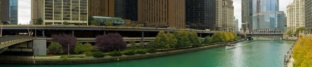 Skyscrapers at the waterfront Chicago River Chicago Cook County Illinois USA Canvas Art - Panoramic Images (10 x 44)
