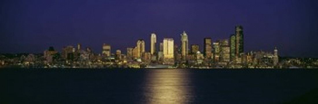 Skyscrapers at the waterfront Elliott Bay Seattle King County Washington State USA Canvas Art - Panoramic Images (18 x 6)