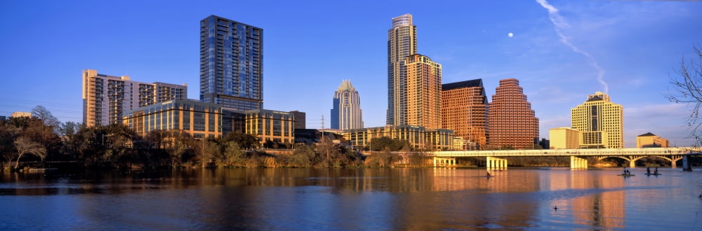 Skyscrapers at the waterfront Lady Bird Lake Austin Texas USA Canvas Art - Panoramic Images (27 x 9)