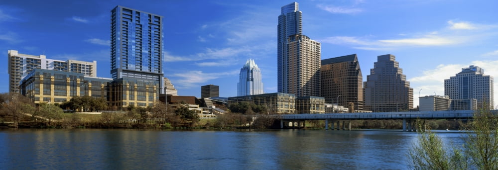 Skyscrapers at the waterfront Lady Bird Lake Austin Texas USA Canvas Art - Panoramic Images (36 x 12)