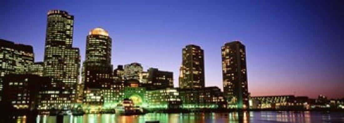 Skyscrapers at the waterfront lit up at night Boston Massachusetts USA Canvas Art - Panoramic Images (18 x 7)