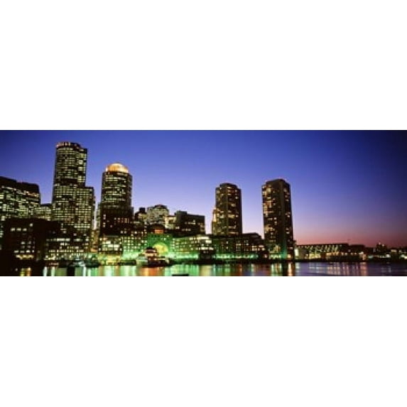 Skyscrapers at the waterfront lit up at night, Boston, Massachusetts, USA Poster Print (18 x 7)
