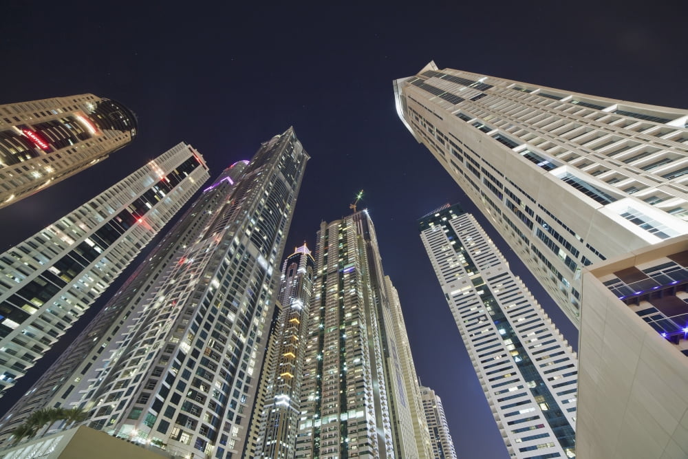 Skyscrapers illuminated at nighttime Dubai United Arab Emirates Canvas Art - Alexander Macfarlane Design Pics (38 x 24)