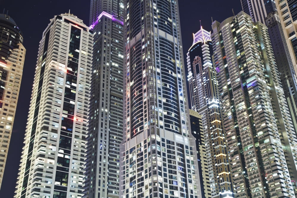 Skyscrapers illuminated at nighttime Dubai United Arab Emirates Canvas Art - Alexander Macfarlane Design Pics (38 x 24)