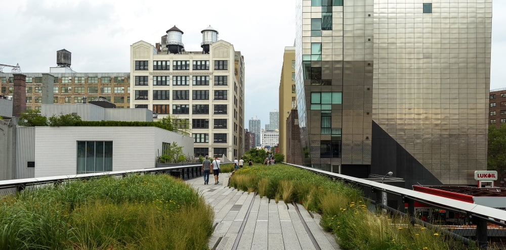 Skyscrapers in a city High Line Park Lower West Side Manhattan New York City New York State USA Canvas Art - Panoramic Images (36 x 12)