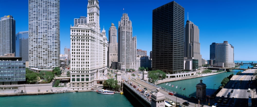 Skyscrapers in a city Michigan Avenue Bridge Chicago River Chicago Cook County Illinois USA Canvas Art - Panoramic Images (36 x 12)