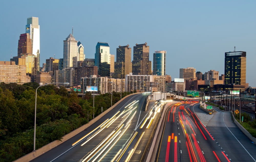 Skyscrapers in a city at dusk Philadelphia Pennsylvania USA Canvas Art - Panoramic Images (15 x 24)