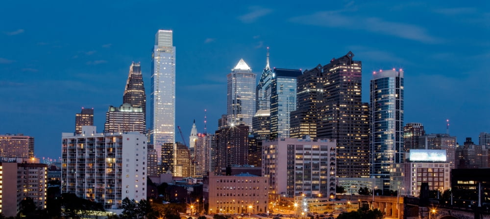 Skyscrapers in a city at dusk Philadelphia Pennsylvania USA Canvas Art - Panoramic Images (7 x 15)