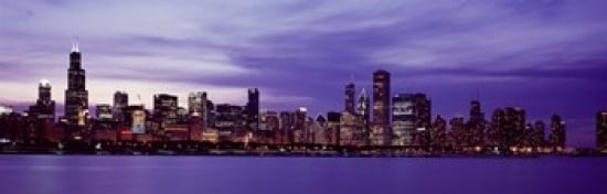 Skyscrapers in a city lit up at night Chicago Illinois USA Canvas Art - Panoramic Images (36 x 12)