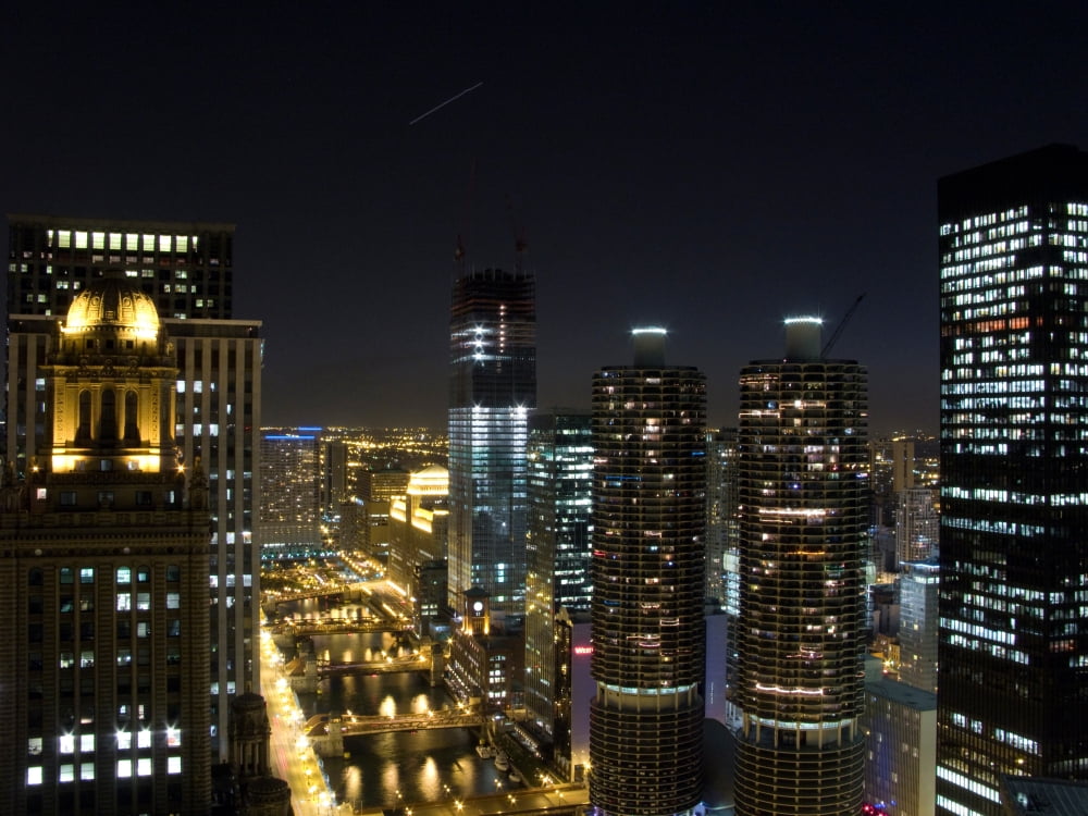 Skyscrapers in a city lit up at night Magnificent Mile Michigan Avenue Chicago River Chicago Illinois USA Canvas Art - Panoramic Images (12 x 16)