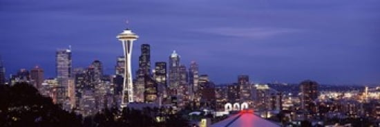 Skyscrapers in a city lit up at night Space Needle Seattle King County Washington State USA 2010 Canvas Art - Panoramic Images (36 x 12)