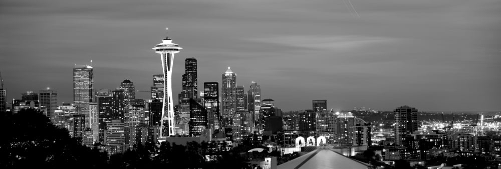 Skyscrapers in a city lit up at night Space Needle Seattle King County Washington State USA Canvas Art - Panoramic Images (12 x 36)