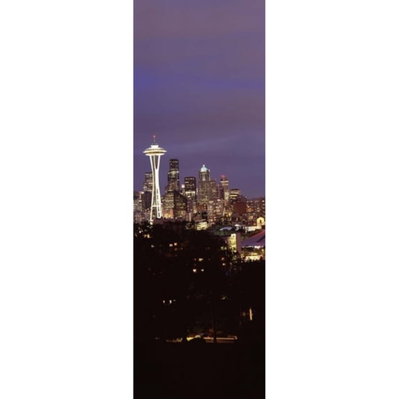 Skyscrapers in a city lit up at night, Space Needle, Seattle, King County, Washington State, USA Poster Print (18 x 6)