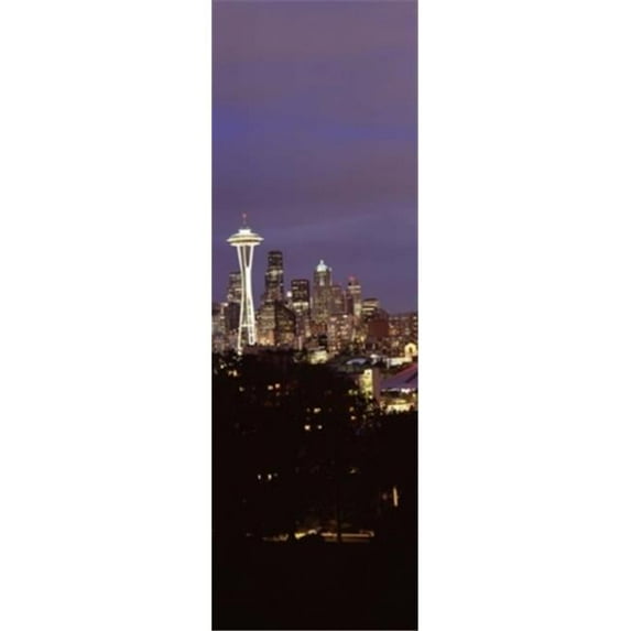 Skyscrapers in a city lit up at night Space Needle Seattle King County Washington State USA Poster Print by - 12 x 36