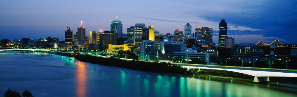 Skyscrapers lit up at dusk Brisbane Queensland Australia Canvas Art - Panoramic Images (36 x 12)