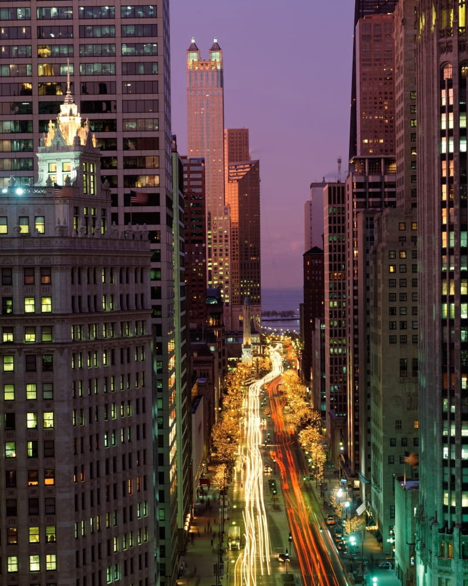Skyscrapers lit up at dusk Michigan Avenue Chicago Cook County Illinois USA Canvas Art - Panoramic Images (29 x 36)