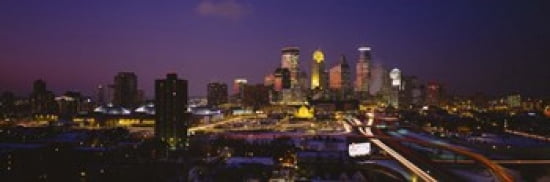 Skyscrapers lit up at dusk Minneapolis Minnesota USA Canvas Art - Panoramic Images (36 x 12)