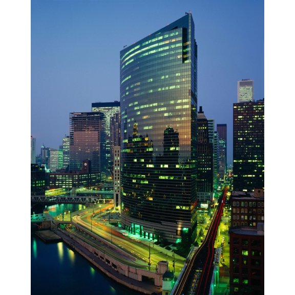 Skyscrapers lit up at night Chicago River Chicago Illinois USA Canvas Art - Panoramic Images (9 x 27)