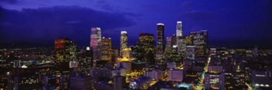 Skyscrapers lit up at night City Of Los Angeles California USA Canvas Art - Panoramic Images (18 x 6)