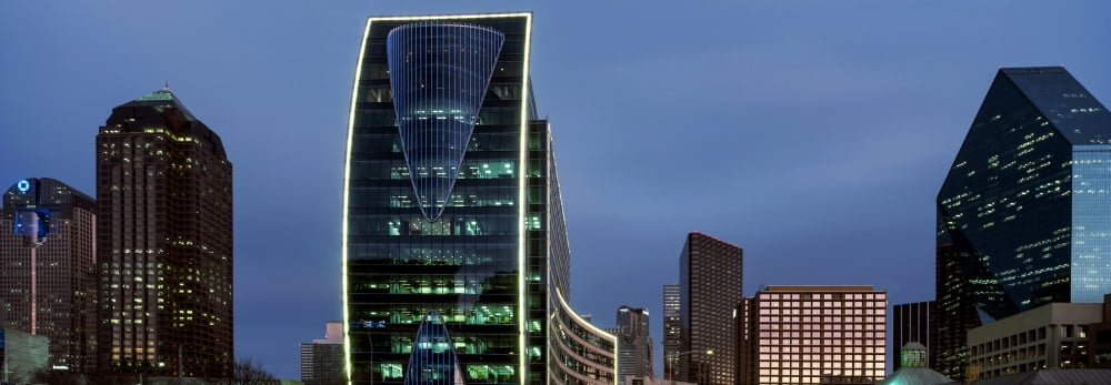 Skyscrapers lit up at night Dallas Texas USA Canvas Art - Panoramic Images (27 x 9)