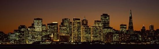 Skyscrapers lit up at night San Francisco California USA Canvas Art - Panoramic Images (36 x 12)