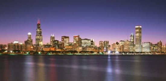 Skyscrapers lit up at night at the waterfront Lake Michigan Chicago Cook County Illinois USA Canvas Art - Panoramic Images (24 x 12)