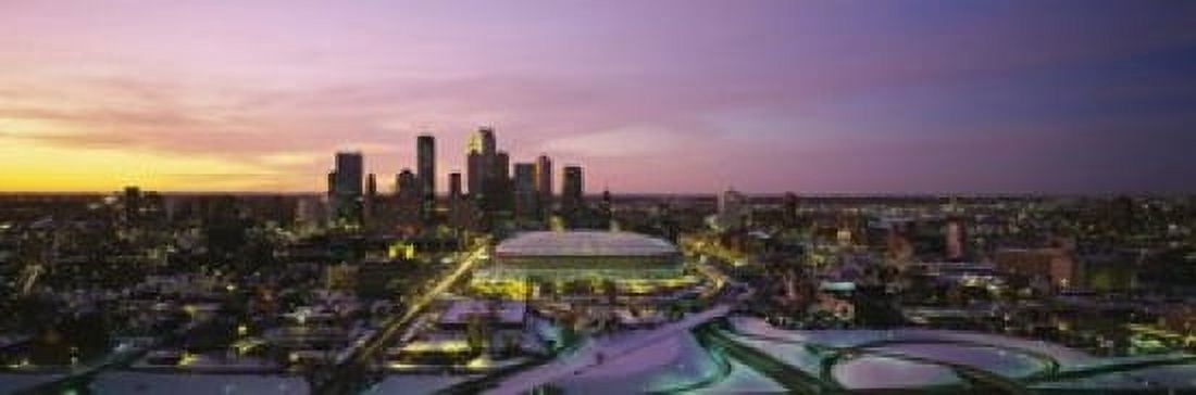 Skyscrapers lit up at sunset Minneapolis Minnesota USA Canvas Art - Panoramic Images (18 x 6)