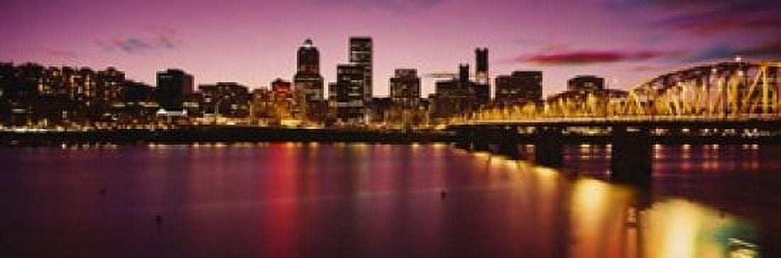 Skyscrapers lit up at sunset Willamette River Portland Oregon USA Canvas Art - Panoramic Images (18 x 6)