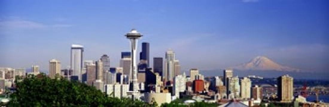 Skyscrapers with mountain in the background Mt Rainier Mt Rainier National Park Space Needle Seattle Washington State USA Canvas Art - Panoramic Images (18 x 6)
