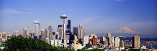 Skyscrapers with mountain in the background Mt Rainier Mt Rainier National Park Space Needle Seattle Washington State USA Canvas Art - Panoramic Images (36 x 12)
