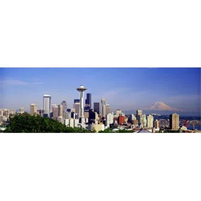 Skyscrapers with mountain in the background Mt Rainier Mt Rainier National Park Space Needle Seattle Washington State USA Poster Print by - 36 x 12