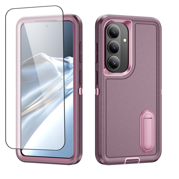 Skyskine Heavy Duty Case for Samsung Galaxy S26 with Tempered Glass Screen Protector, Rugged Dual Layer Protective Cover with Built-in Kickstand Hard PC & Soft TPU Hybrid Bumper, Purple+Pink
