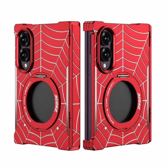 Skyskine Rugged Case For Samsung Galaxy Z Fold8 with Hinge Full Protection, Built‑in Magnetic Ring & Kickstand, Spider Web Armor Pattern Shockproof Anti‑Drop Heavy Duty Protective Cover, Red