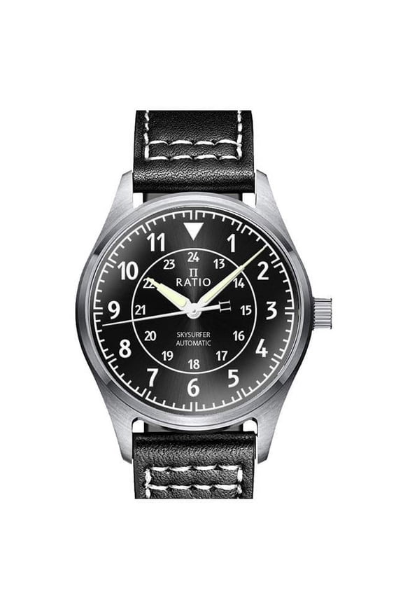Skysurfer Pilot Black Sunray Dial Leather Automatic 200M Mens Watch