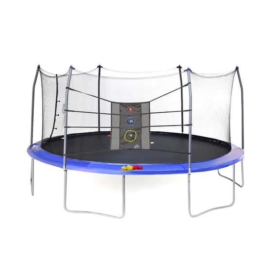 Skywalker 17' Oval Backyard Trampoline with Safety Enclosure and Triple Toss Game Blue