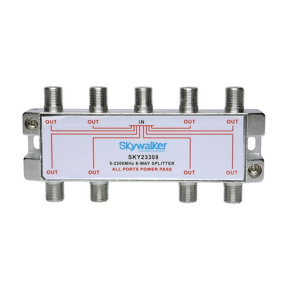 Skywalker 5-2300MHz 8-Way Splitter for Off-Air & Satellite Signals (1 F Input, 8 F Outputs, Silver)