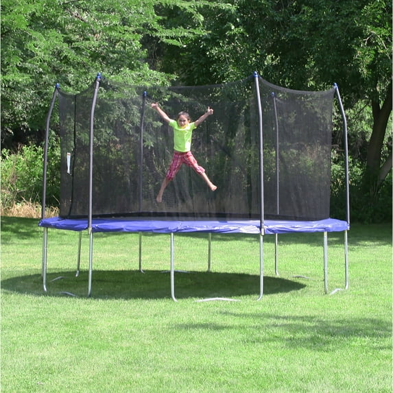 Skywalker Trampolines 16' Round Trampoline with Enclosure and Wind Stakes – Blue
