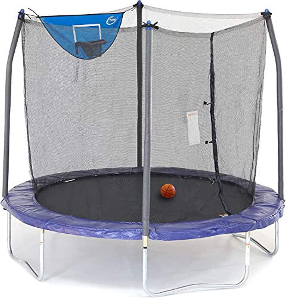 Skywalker Trampolines 8 Foot Jump N Dunk Trampoline with Safety Enclosure and Basketball Hoop Blue