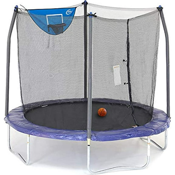 Skywalker Trampolines 8 Foot Jump N Dunk Trampoline with Safety Enclosure and Basketball Hoop Blue