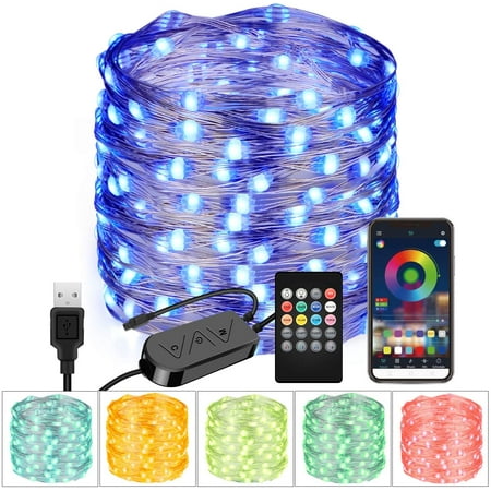 Skywee 33FT USB RGB String Light Bluetooth App Controlled 100 LED Fairy Light, Multi Color Changing Light with 20-Key Remote Control for Outdoor Patio Party