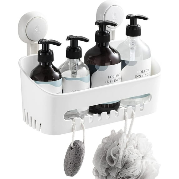 Skywee Drill-Free TPR+ABS Wall-Mounted Bathroom Shower Caddy with Vacuum Suction Cup, White