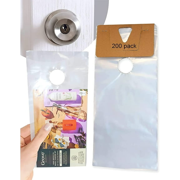 Skywin 200 Plastic Door Hanger Bags 6 x 19 inches - Clear Door Hanger Bags Protects Flyers, Brochures, Notices, Printed Materials - Waterproof and Secure Door Knob Hanger for Outdoor Use (200)