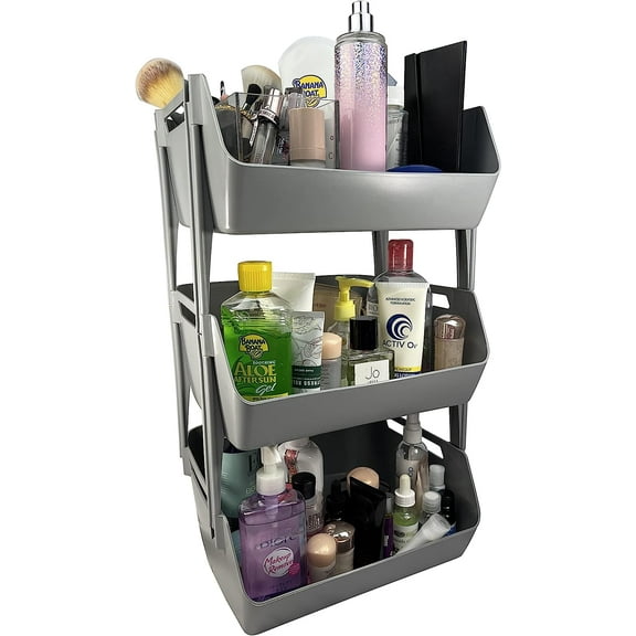 Skywin 3-Tier Plastic Stackable Storage Bins, Grey-Colored, 11.42 x 10.83 x 7.76 Inches, with Brackets for Extra Protection - For Pantry Storage, Kitchen Storage, and Bathroom Storage