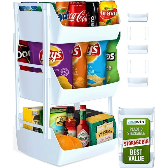 Skywin 3-Tier Plastic Stackable Storage Bins, White-Colored, 11.42 x 10.83 x 7.76 Inches, with Brackets for Extra Protection - For Pantry Storage, Kitchen Storage, and Bathroom Storage