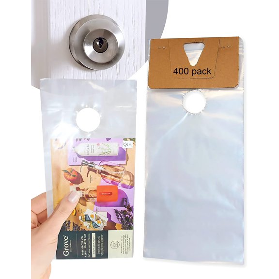 Skywin 400 Plastic Door Hanger Bags 6 x 12 inches - Clear Door Hanger Bags Protects Flyers, Brochures, Notices, Printed Materials - Waterproof and Secure Door Knob Hanger for Outdoor Use (400)