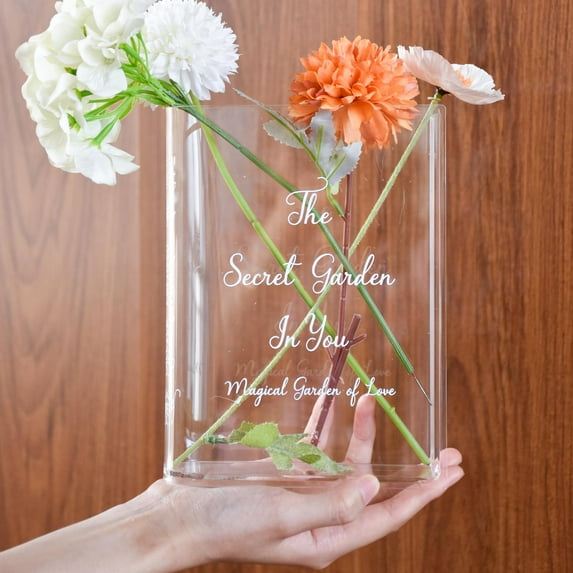Skywin Acrylic Book Vase Clear - Acrylic Vases for Flowers Aesthetic Room Decor - Clear Book Vase for Flower, Book-Shaped Vase, Acrylic Vases for Centerpieces, or Housewarming Gifts (White Print)