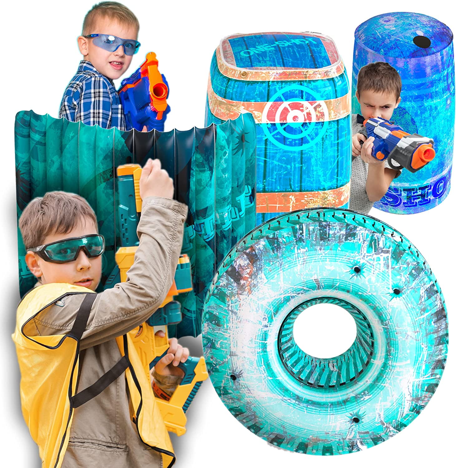 Skywin Bunkers for Nerf - Easy Set Up Inflatables for Kids Party - for Nerf  Battle Obstacles Great for Nerf Gun Party, Great Shelter for Nerf Battle -  4 Pieces (Blue) 
