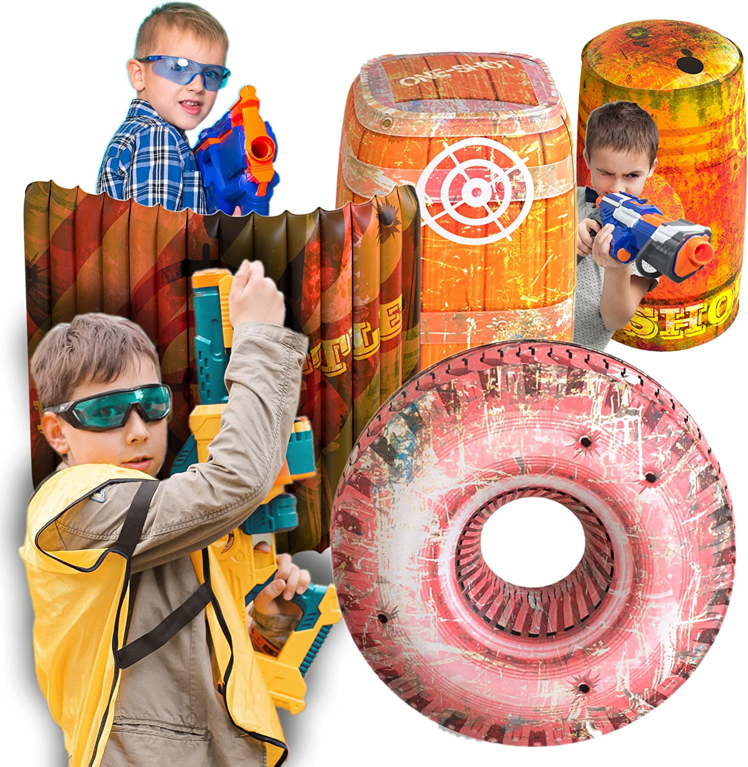 Skywin Bunkers for Nerf - Easy Set Up Inflatables for Kids Party - for Nerf  Battle Obstacles Great for Nerf Gun Party, Great Shelter for Nerf Battle -  4 Pieces (Orange) 